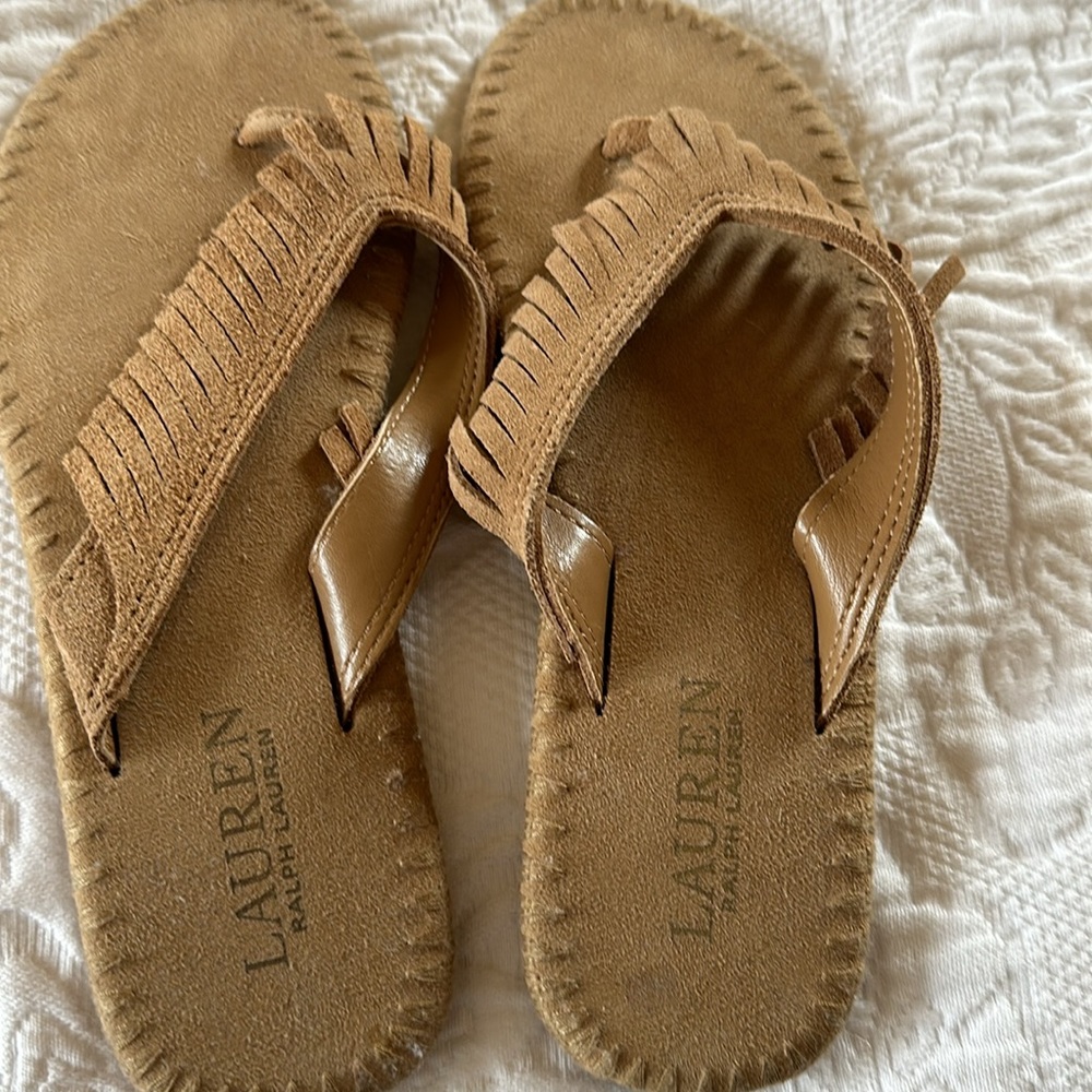 Lauren Ralph Lauren Tan Suede Fringe Flip Flop Sandals